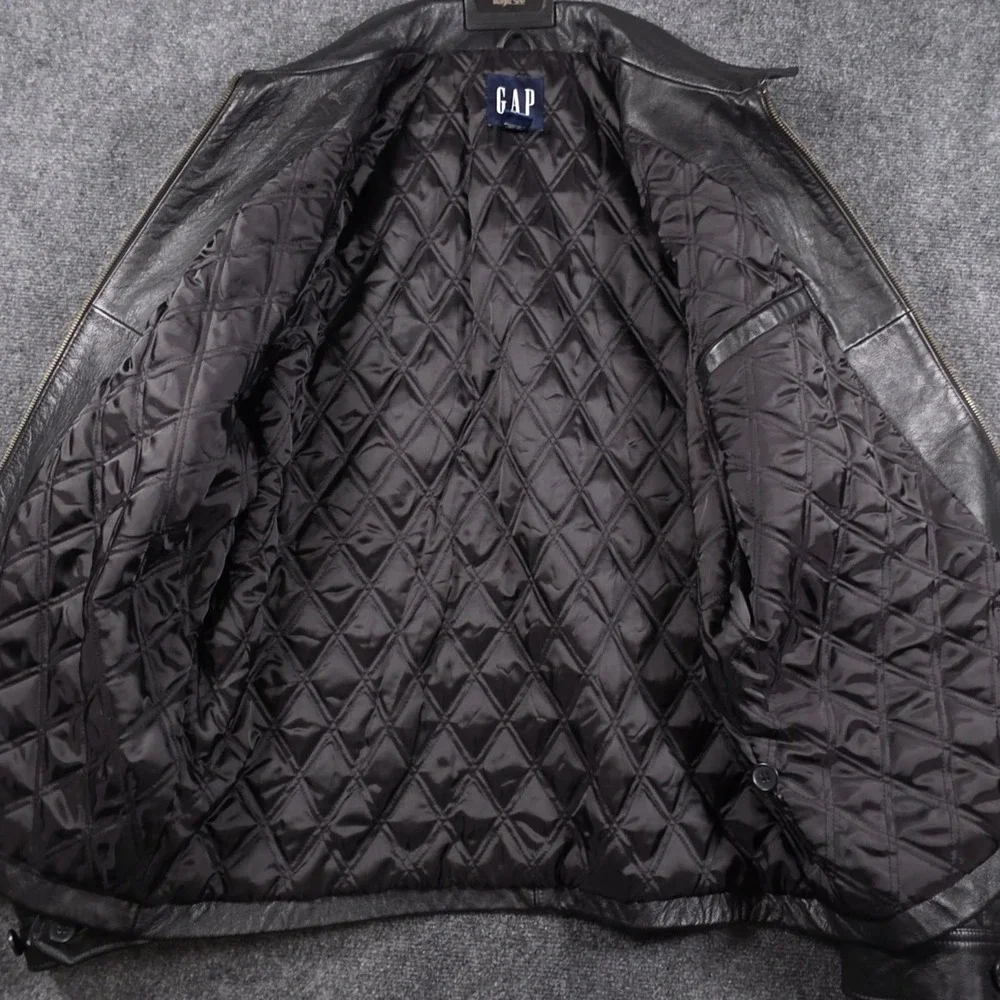Vintage Gap Leather Harrington Bomber Jacket Mens Large Black Quilted Full Zip